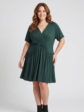 NWT | Dark Green V-Neck Drape Twist Front Babydoll Tunic Dress | XLarge